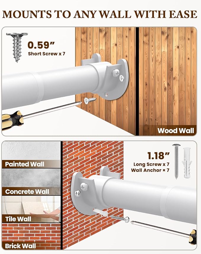 Closet Rod 17-54 IN, Heavy Duty Closet Rods for Hanging Clothes, Adjustable Closet Rods for Wardrobes Storage Laundry RV Bathroom, Easy Install, White