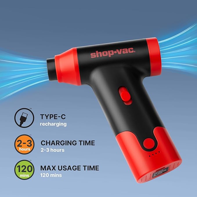 Shop-Vac 2-in-1 Electric Air Duster & Vacuum, 110000 RPM Cordless Air Blower with Brushless Motor, Variable Speed and Rechargeable, 6 Nozzles for Computer, Keyboard, House, Outdoor and Car