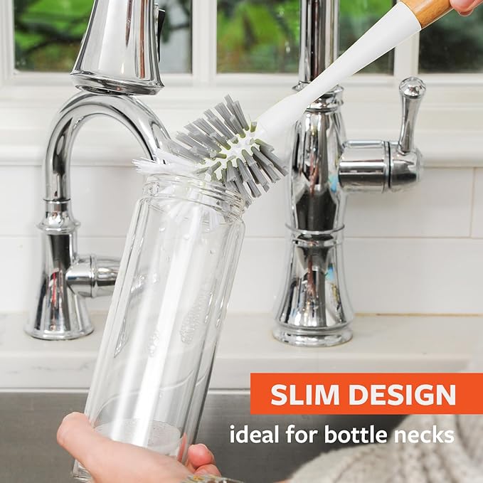 Full Circle Clean Reach Bottle Brush with Replaceable Bristle Brush Head, Bamboo Handle, White