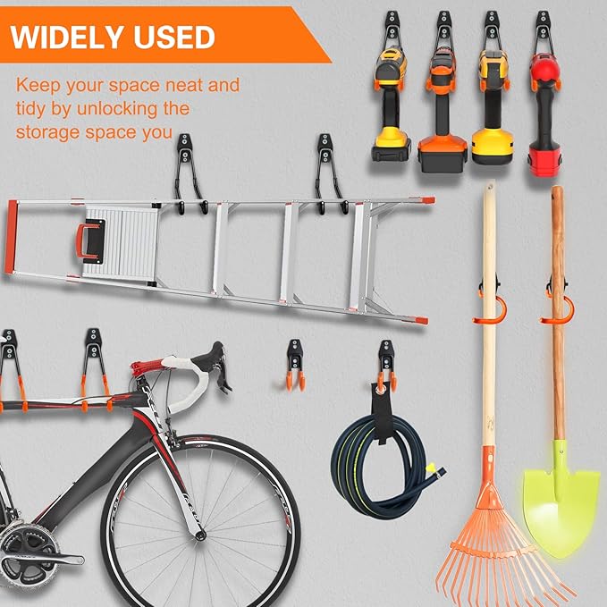 Heavy Duty Garage Hooks 4 Pack, 7.7 inch Wave Long Hanger, Wall Mounted Storage System, Power and Garden Tool Organizer, for Hanging Ladders, Bikes, Hose, Bulk Items and More
