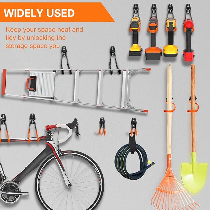 Heavy Duty Garage Hooks 4 Pack, J Shaped Hanger, Wall Mounted Storage System, Power and Garden Tool Organizer, for Hanging Ladders, Bikes Tires, Hose, Bulk Items