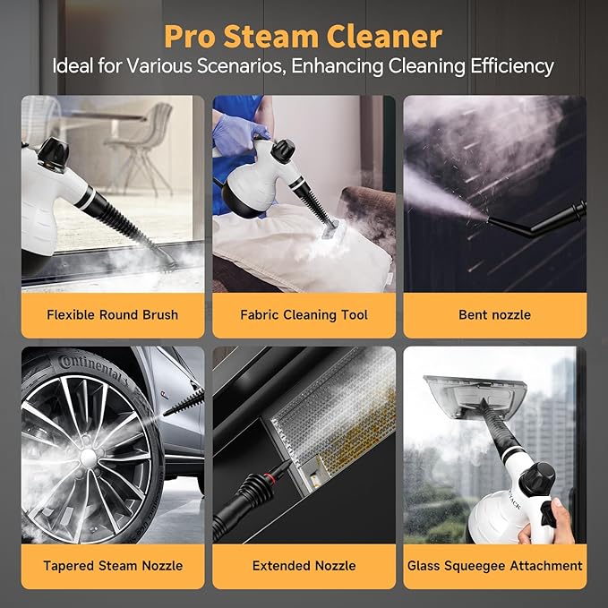 Steam Cleaner, Handheld Steam Cleaner for Home, 16-Piece Steam Cleaner Kit with Automatic Steam Switch, Steamer for Kitchen, Bathroom, Car, Living Room and Multi-Surface Deep Cleaning (White)