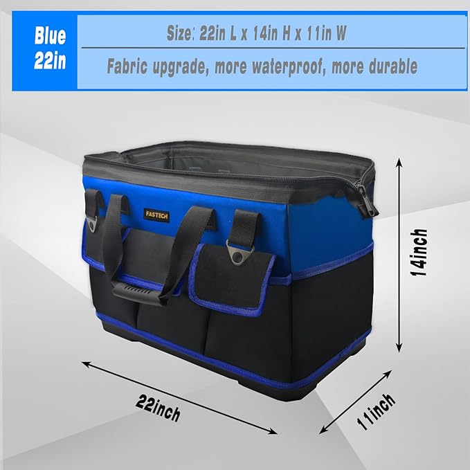 FASTECH 22 Inch Bottom Tools Bag With Wide Mouth For Tool Storage, Carrier and Organizer, Heavy Duty Tool Tote Bag For Men/Women, Wide Mouth Tool Bag With Inside Pockets (22 Inch)