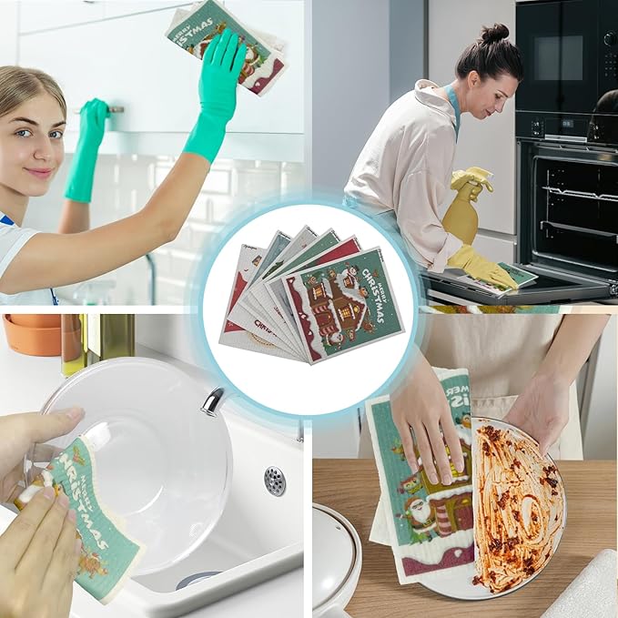 6 - Pack Swedish Kitchen Dish Cloths - Reusable Paper Towels for Counters & Dishes - Eco Friendly Cellulose Sponge Cloth - Assorted (Xmas)