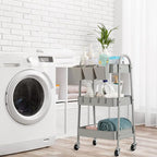 danpinera 3-Tier Rolling Cart, Metal Rolling Storage Cart with Lockable Wheels & Hanging Cups & Hooks, Mobile Trolley Cart for Kitchen, Bathroom, Office, Workshop, Gray