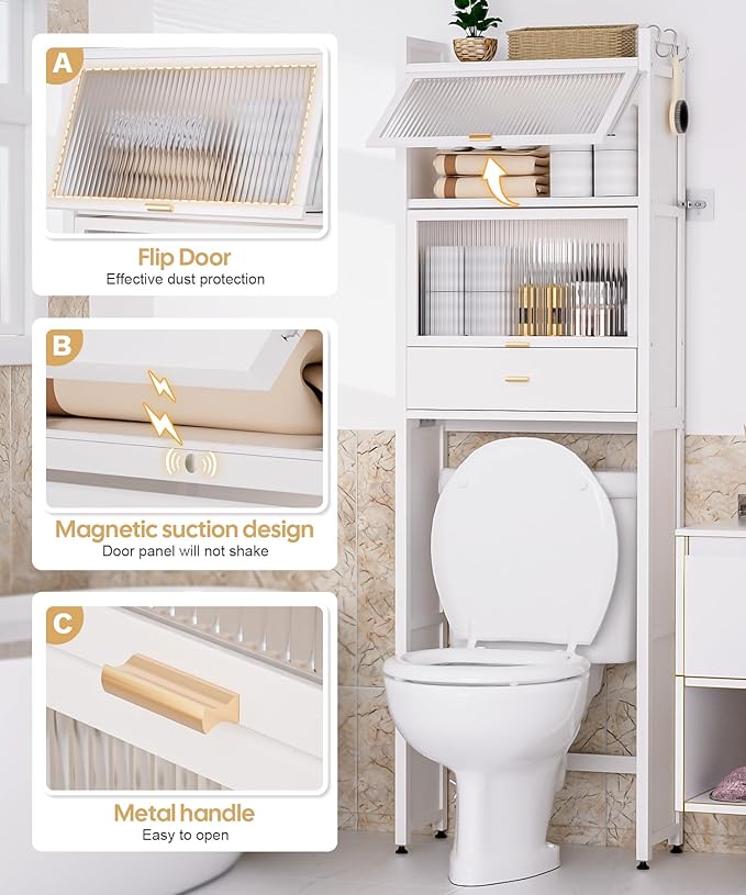 Over The Toilet Storage Cabinet with Drawer and Flip Door, Bamboo Bathroom Organizer Shelf with Anti-Tip Design and Waterproof Feet Pad,Freestanding Rack Above WC Space Saver (White)