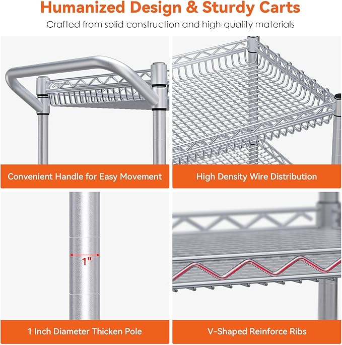 WDT 990Lbs Capacity Heavy Duty Rolling Utility Cart, NSF Rolling Carts with Wheels,Commercial Grade Metal Cart with Handle Bar & Shelf Liner,Trolley Serving Cart for Kitchen,Restaurant,Silver