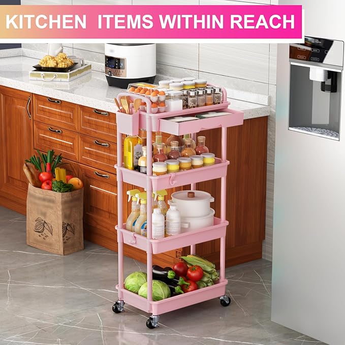 Goovilla 4 Tier Rolling Utility Cart Organizer with Removable Drawer, Stable and Sturdy Pink Rolling Storage Carts with 2 Lockable Wheels for Bathroom, Kitchen, Snack, Craft, Makeup, Baby Essentials
