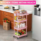 Goovilla 4 Tier Rolling Utility Cart Organizer with Removable Drawer, Stable and Sturdy Pink Rolling Storage Carts with 2 Lockable Wheels for Bathroom, Kitchen, Snack, Craft, Makeup, Baby Essentials