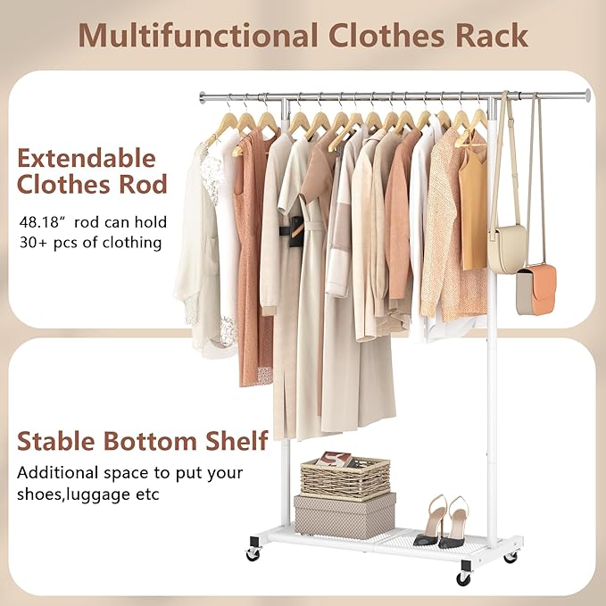 JIUYOTREE Rolling Clothes Rack with Dense Mesh Storage Shelf Clothing Garment Rack with Wheels Width Adjustable Clothing Organizer for Hanging Clothes Shirts Pants Skirts and Bags White
