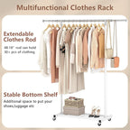 JIUYOTREE Rolling Clothes Rack with Dense Mesh Storage Shelf Clothing Garment Rack with Wheels Width Adjustable Clothing Organizer for Hanging Clothes Shirts Pants Skirts and Bags White