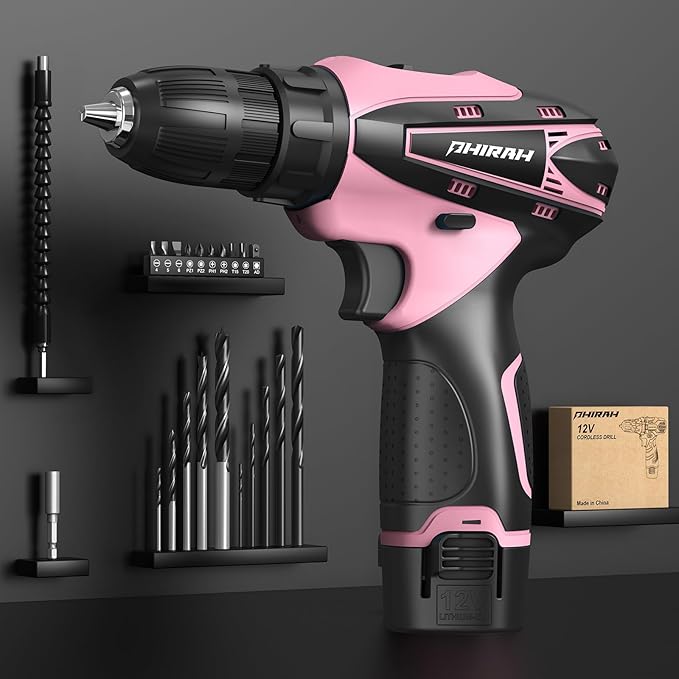 Cordless Drill Set, 12V Power Drill Kit with Battery and Charger, 3/8" Keyless Chuck, 25+1 Torque Setting, Built-in LED, Electric Driver Tool for Home DIY Projects (Pink)