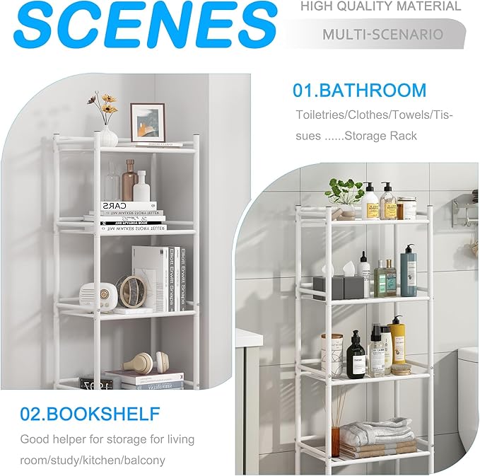 3 Tier Bathroom Storage Open Shelf Unit, Free-Standing Metal Corner Rack Shelving for Kitchen, Living Room, Hallway (White, Wider 3 Tier)