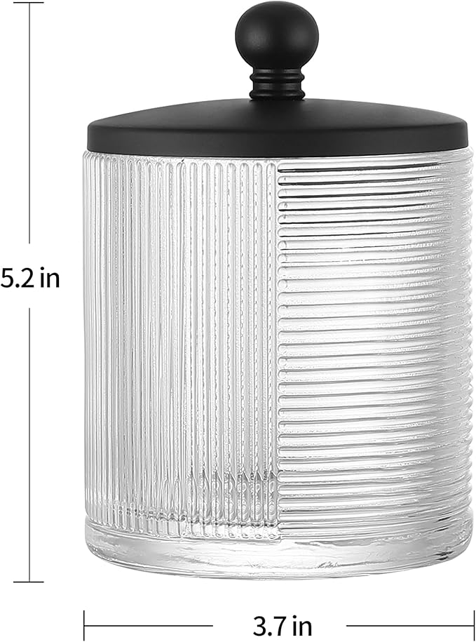 Clear Transparent Apothecary Ribbed Geometric Etched Glass Jar W/Matte Black Metal Lid Cover for Bathroom Organization, Cotton Balls, Q Tips, and Small Accessories, Bathroom Storage