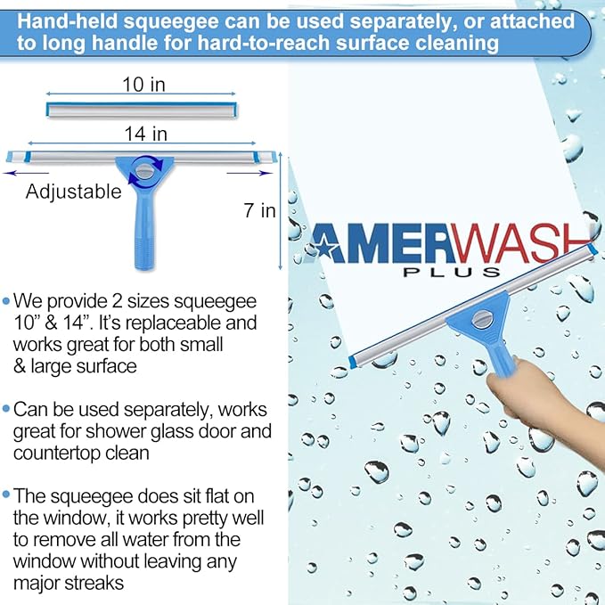 Window Squeegee Washing Kit for Shower Glass Door, Mirror and Window Cleaning, Extra 14'' Wide Squeegee and 2 Microfiber Scrubbers Included (Extension Pole not Included)