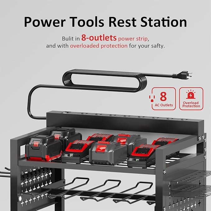 Power Tool Organizer Cart with 8 Charger Ports & Adjustable Storage, Garage Workshop Utility Cart for Mechanic, Birthday Gift Ideas for Men