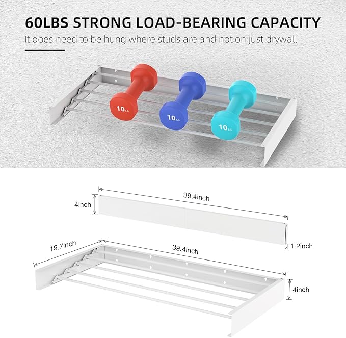 Laundry Drying Rack Collapsible, Wall Mounted Clothes Drying Rack, Space Saving Drying Rack for Laundry, 40" Wide, 16.5 Linear Ft, 5 Aluminum Rods, 60 lb Capacity (White 40")