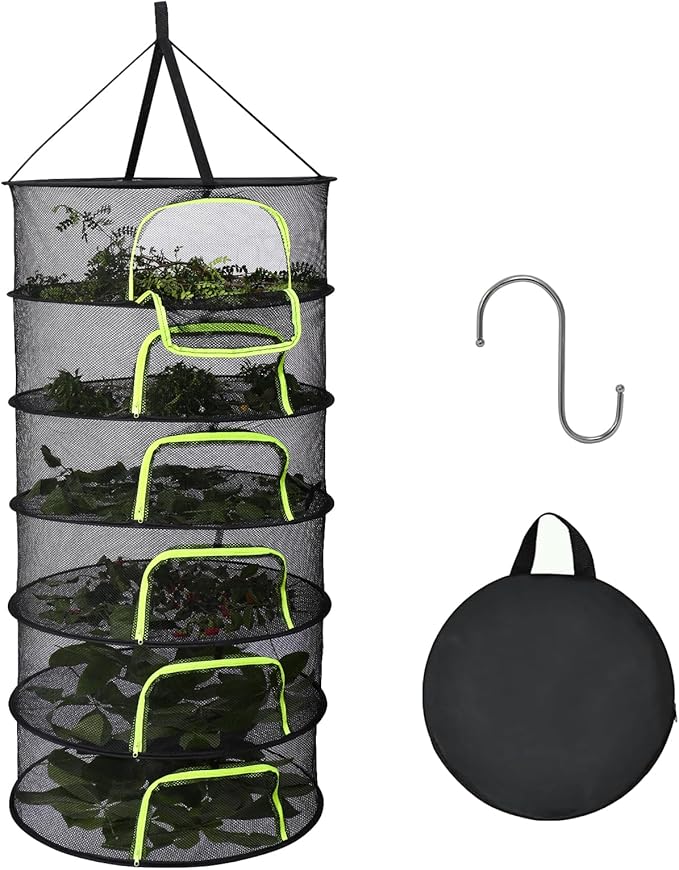 LUKETURE 6-Layer Hanging Herb Dryer Rack - with U-Zipper Mesh Net & Hook, Foldable Collapsible Drying Rack for Plants, Herbs, Flowers, Fish, Jerky, Laundry