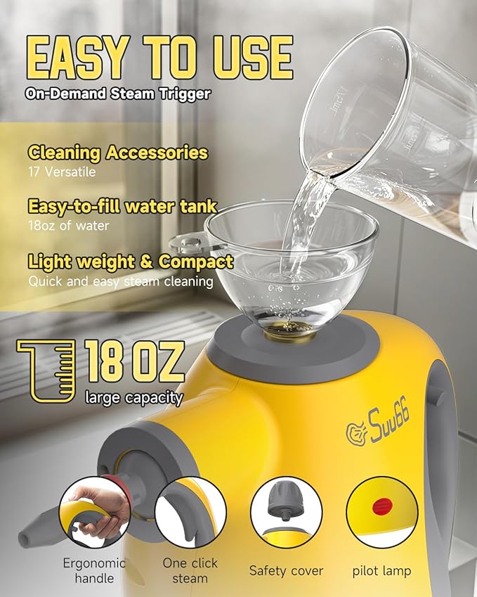 Handheld Steam Cleaner with Safety Lock, 500mL Large Tank & 19PCS Accessories - Multi-Surface Deep Cleaning for Kitchen, Bathroom, Car, Sofa - Removes Stubborn Grime, Sanitizes Surfaces (Yellow)