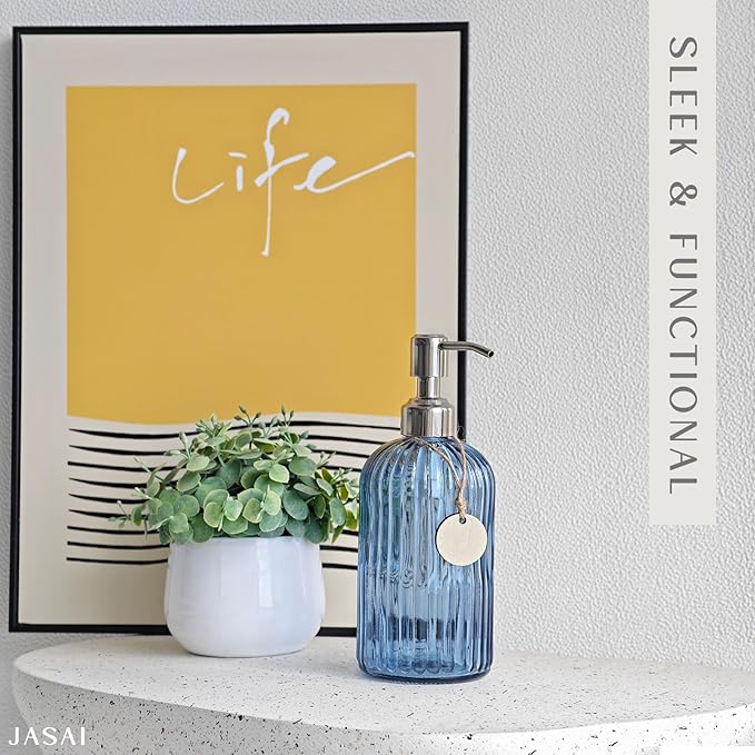 JASAI 18Oz Navy Blue Glass Soap Dispenser for Kitchen & Bathroom, Refillable Kitchen soap Dispenser with Vertical Stripe, Bathroom Soap Dispenser for Dispense Hand soap& Dish Soap.