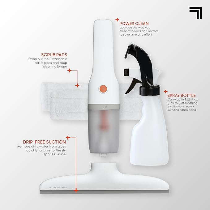 Sharper Image® 2-in-1 Window Vacuum Cleaner Kit – Cordless Squeegee, Spray Bottle, 11" Blade, 2 Washable Microfiber Pads| Cleaning Supplies Tool Set| Glass, Mirrors, Shower, Windows, Car Windshield