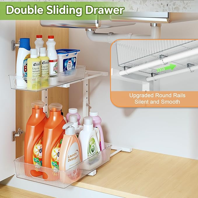 REALINN Under Sink Organizer, Height Adjustable Under Sink Organizers and Storage, 2 Tier Pull Out Drawer Cabinet Storage for Kitchen Bathroom, 2 Pack, Clear