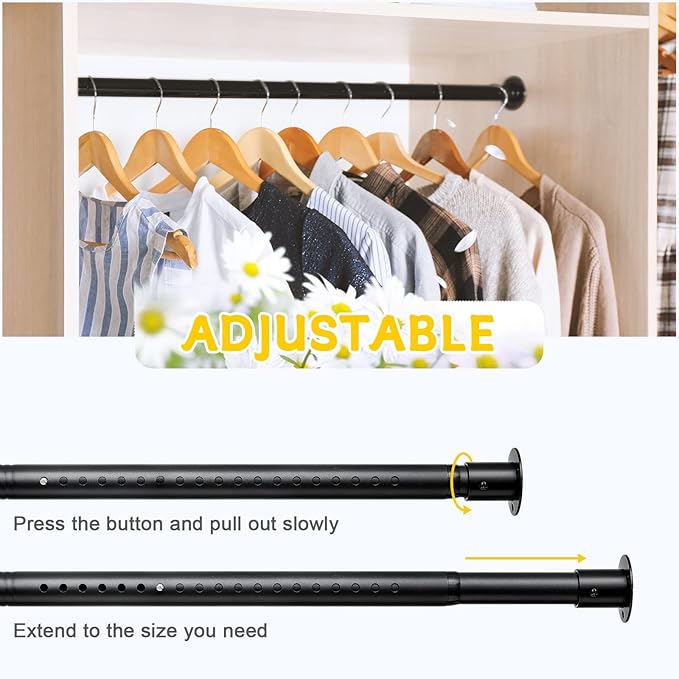 Closet Rod, 17 to 41 Inch Adjustable Closet Rods for Hanging Clothes Heavy Duty Closet Hanging Rod Metal Black Closet Poles for Wardrobes