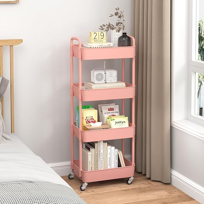Sywhitta 4-Tier Plastic Rolling Utility Cart with Handle, Multi-Functional Storage Trolley for Office, Living Room, Kitchen, Movable Storage Organizer with Wheels, Pink