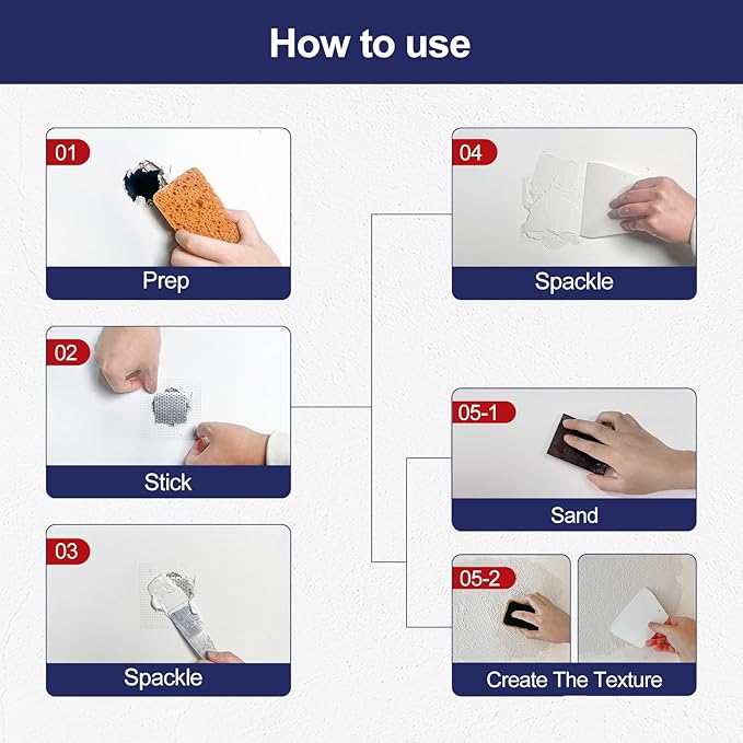 17.2oz Drywall Patch Repair Kit - Professional All-in-1 Tool Set (Scrapers/Sanding Sponge/Texture Sponge/Gloves/ Aluminum Patches/Putty Knife) for Fast Wall Hole Repair