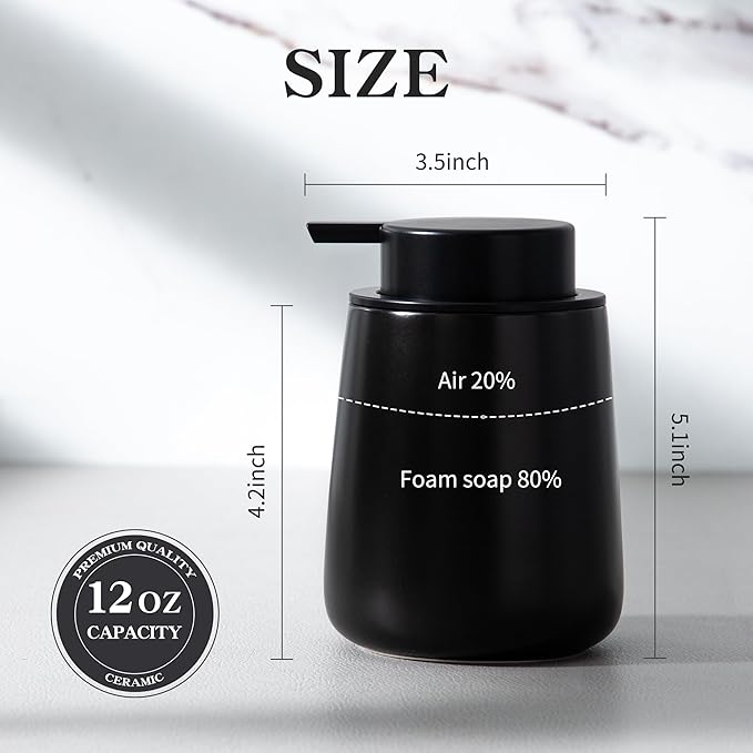 Enra Black Soap Dispenser,12 oz Ceramic Hand Lotion Dispenser, Refillable Dish Soap Dispenser,Modern Liquid Soap Dispenser for Bathroom,Kitchen with Easy-to-Press Pump(Black Liquid Type)