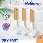 Holikme 3 Pack Dish Brush Set with Bamboo Handle, Kitchen Cleaner for Cleaning Pasta Plate, Salad Bowl, Scrubber with Soft Bristles, Blanco