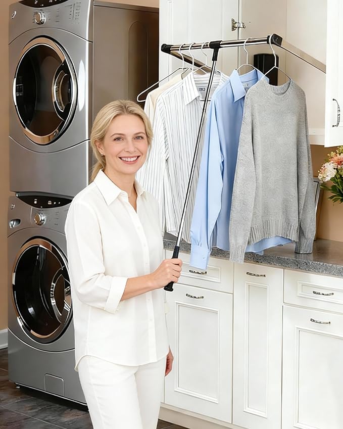 Pull Down Closet Rod 32-45 Inch, 44 lbs Capacity for Hanging Clothes, Polished Metal Wardrobe Lift Rail Organizer with Two-way Buffering, Side-Mounted for Cabinets/Wardrobes