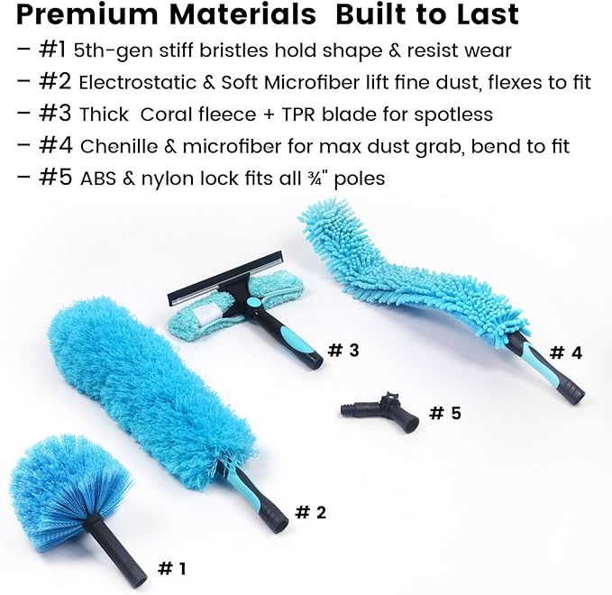 Ceiling Fan Duster Kit – 5-in-1 Bendable & Dual-Sided Heads – Washable Dusters for High Ceiling, Fans, Corners, Glass – Fits Standard ¾ Pole – Blue Cleaning Set