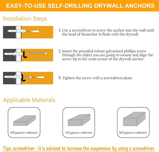 KURUI Wall Hanging Kit for Wall Art Decor Frame Curtain Rods, 140Pcs Heavy Duty Drywall Anchors Substitute Picture Hanging Nails, 70 Dry Wall Anchor and 70 8 x 1-1/4'' Screws, 75Lb Picture Hangers