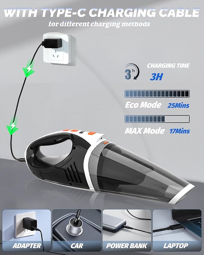 Handheld Vacuum Cordless, Brushless Car Vacuum Cleaner with 12000PA Powerful Suction, 2 Suction Modes Mini Hand Vacuum, Dry & Wet, Portable Vacuum for Car Pet Hair, Home, Office, Keyboards