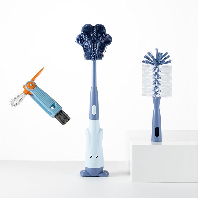 Cup Cleaning Brush, Silicone Baby Bottle Brush with Stand, Large Handle Water Bottle Brush Cleaner Set, with a Tiny Cup Lid Gap Cleaning Brushes Kit, Pawprint, Blue