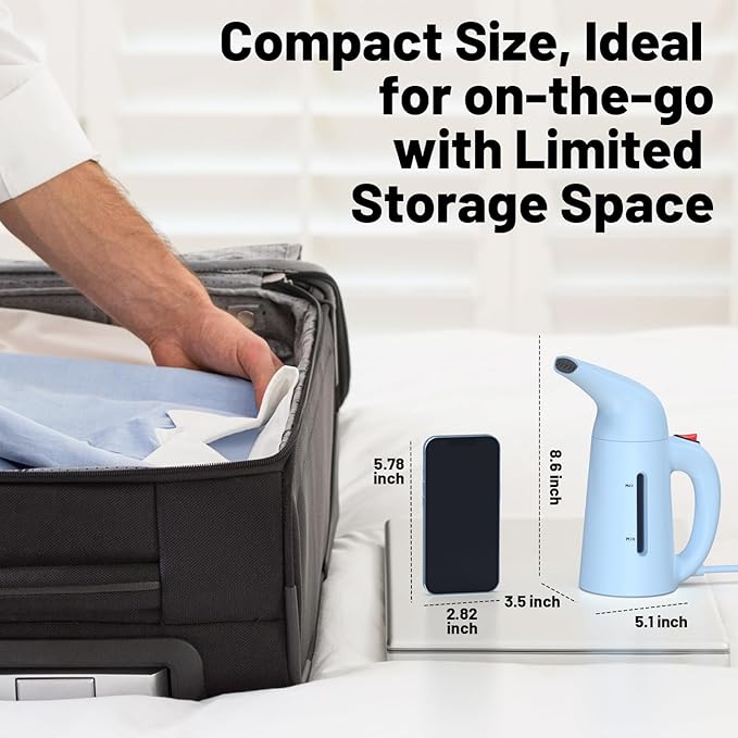 Handheld Garment Steamer for Clothes, Portable Clothes Steamer Remove Wrinkle, 180ml Water Tank, 12 minutes Continuous Steam, 2.3 meter Cord, Ideal for ALL Fabrics, One button Design (Blue)