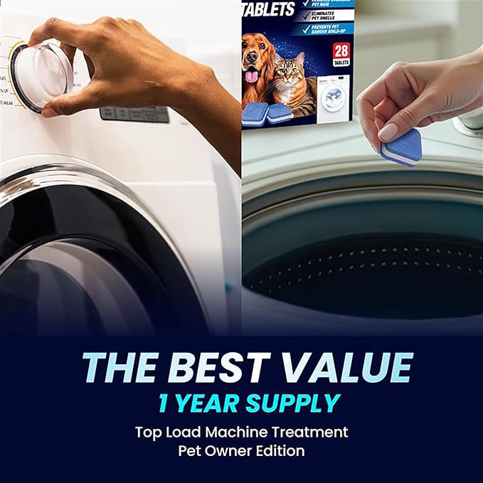 Washing Machine Cleaner Tablets for Pet Owners - Front & Top Load Washer Deep Cleaning - Septic Tank Safe - HE Support - Remove Stubborn Pet Hair - Eliminates Pet Smells - Prevents Pet Dander Build-up
