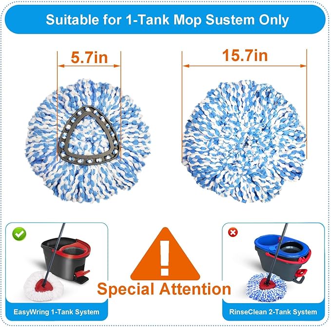 Easywring 1-Tank System,Mop Replacement Heads for O-Ceda Mop Replace Head, Spin Mop Heads Replacements, Microfiber Spin Mop Refills, Easy Cleaning Mop Head Replacement (Blue and White 3pcs)