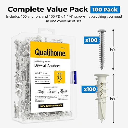 #8 Self Drilling Drywall Plastic Anchors with Screws - No Pre Drill Hole Preparation Required - 75 Lbs (100 Pack)