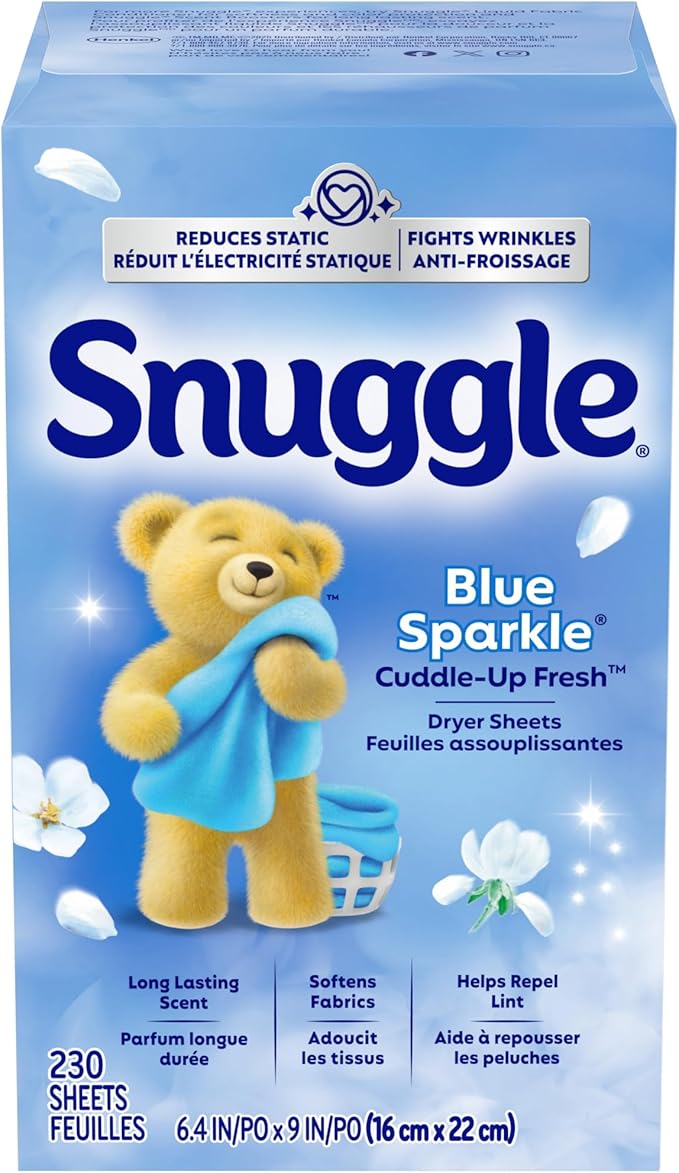 Snuggle Fabric Softener Dryer Sheets, Blue Sparkle Cuddle-Up Fresh, 230 Ct, Long-Lasting Fresh & Clean Scent, Softens Fabric, Reduces Static, Fights Wrinkles, Helps Repel Lint & Pet Hair, HE Safe
