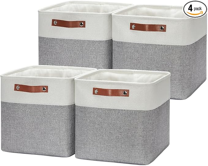 HNZIGE Storage Basket(4 Pack) Fabric Baskets for Organizing Clothes Closet,Towels,Cube Storage Bins,12x12 Storage Cube basket with Handles for Shelves,Toys,Blankets,Office,Room Storage(White&Grey)