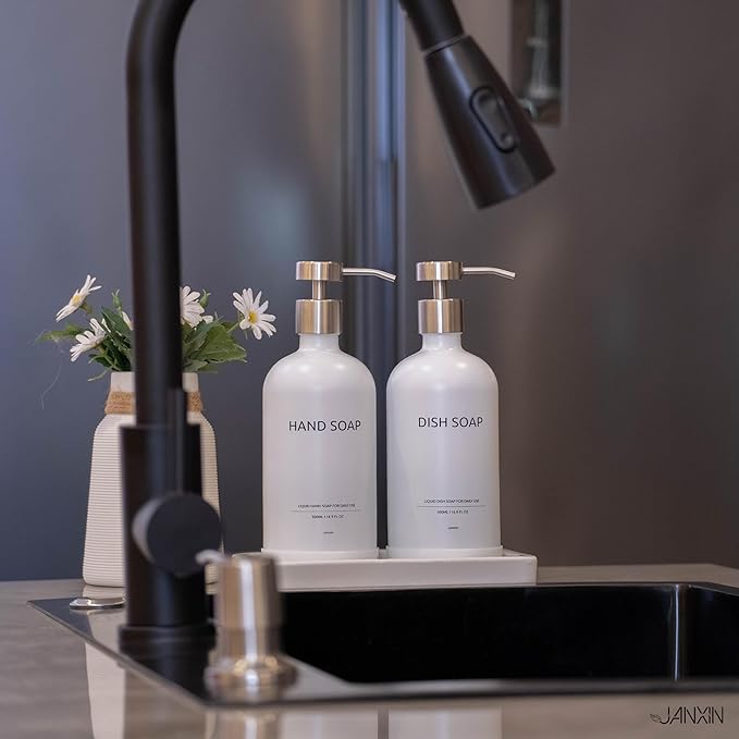 Glass Kitchen Soap Dispenser Set with Ceramic Tray,16.9 floz Hand and Dish Soap Dispenser for Kitchen and Bathroom Decor,White and Silver Kitchen Accessories(White Bottles + Silver Pumps)