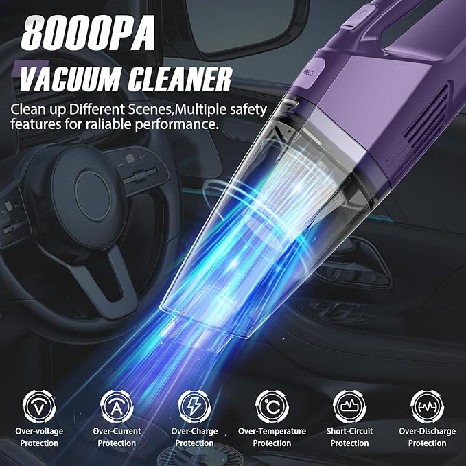 Handheld Vacuum Cordless – Car Vac Portable with 8KPA & Multi Accessories & Low Noise, Lightweight Hand Held Vacuum Cordless Rechargeable for Car/Home/Dust/Pet Hair, Mine Portable Vacuum