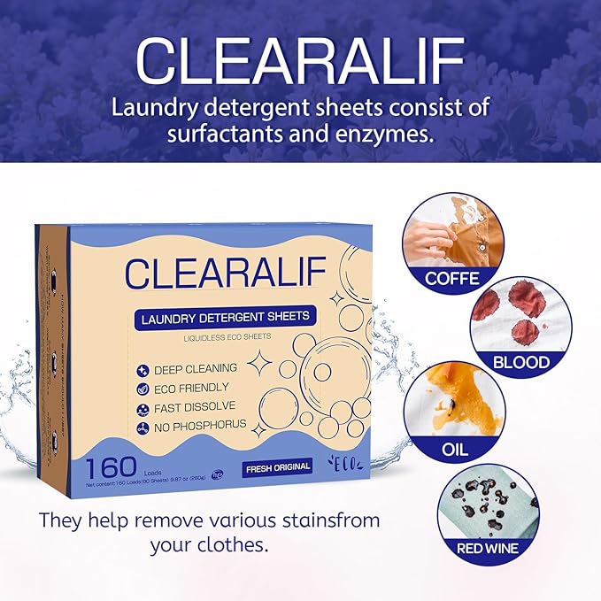 CLEARALIF Laundry Detergent Sheets Up to 160 Loads, Fresh Original - Great For Travel,Apartments, Dorms,Laundry Detergent Strips Eco Friendly & Hypoallergenic