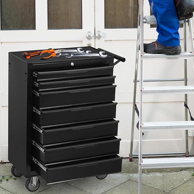 Tool Chest Cabinet, Large Capacity Metal Tool Box with Wheels and Cylinder Locking, Roll Around Storage Organizer Tool Cart for Garage, Redtool cabinets on Wheels (Black, 7-Drawer-Wheel)