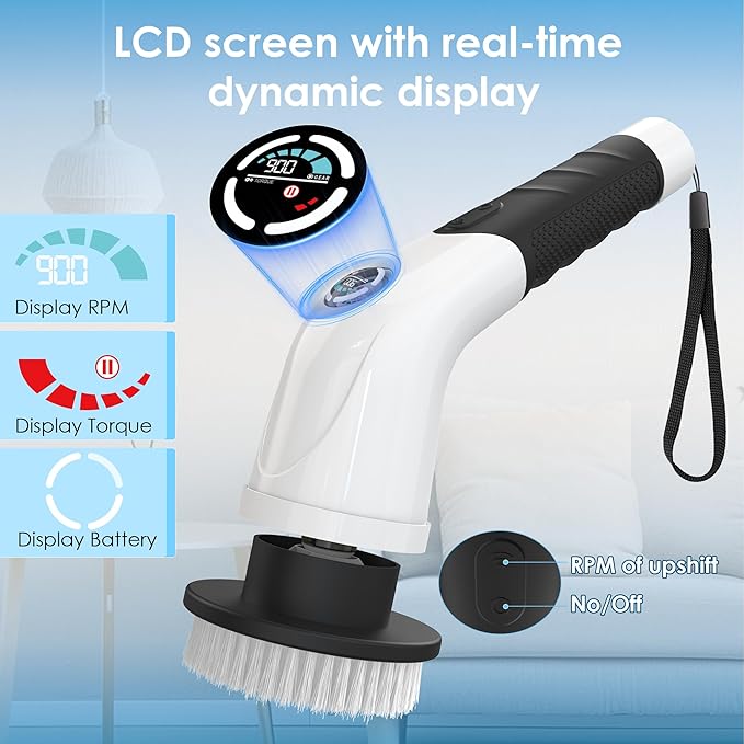 Electric Spin Scrubber,Cordless Cleaning Brush, 3-Speed,7 Replaceable Brush Heads & Long Detachable Handle, LCD Display Shows RPM/Torque/Battery, for Bathroom, Kitchen, Tile