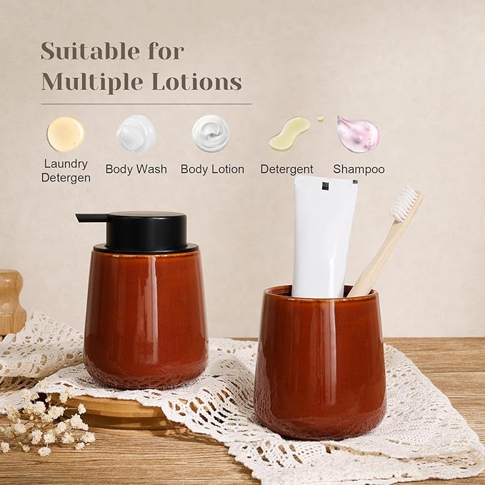 INGOFIN Ceramic Lotion Dispenser - 12 oz Refillable Hand Soap Dispenser Bathroom, Modern Liquid Soap Dispenser with Pump, Dish Dispenser for Kitchen,Kiln-Glazed Red