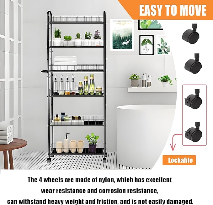 6 Tier 10in Slim Rolling Storage Cart with Handle, Mobile Shelving Unit with Wheels, Metal Wire Storage Rack with Baskets for Kitchen Bathroom Office Laundry Narrow Piaces