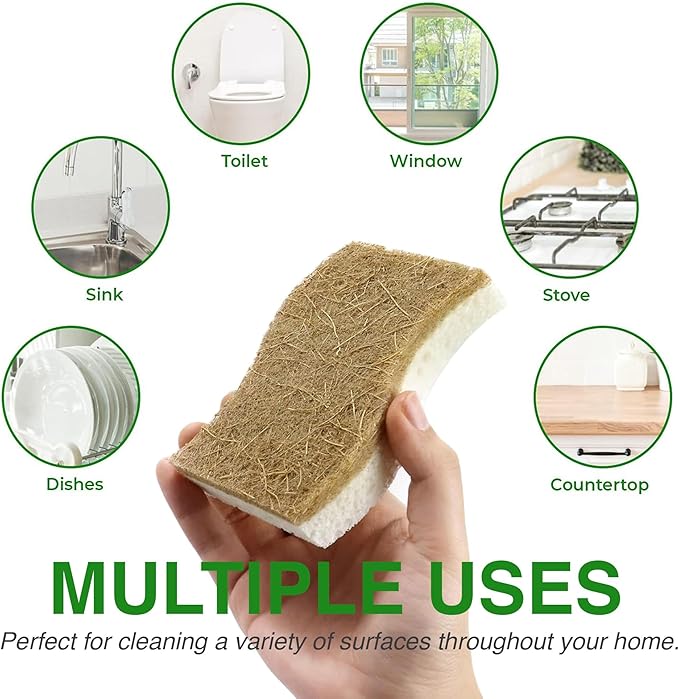 Natural Sponges Kitchen - 6 X-Large Biodegradable Non-Scratch Dish Scrubber, Multipurpose Compostable Sponges for Dishes, Cleaning Scrub Sponge Brush for Dishwashing